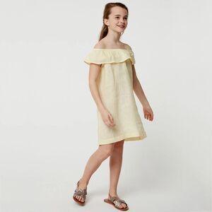 Monoprix Teens Linen Dress Size 12 Short Off White/Ivory Ruffle Off the Shoulder